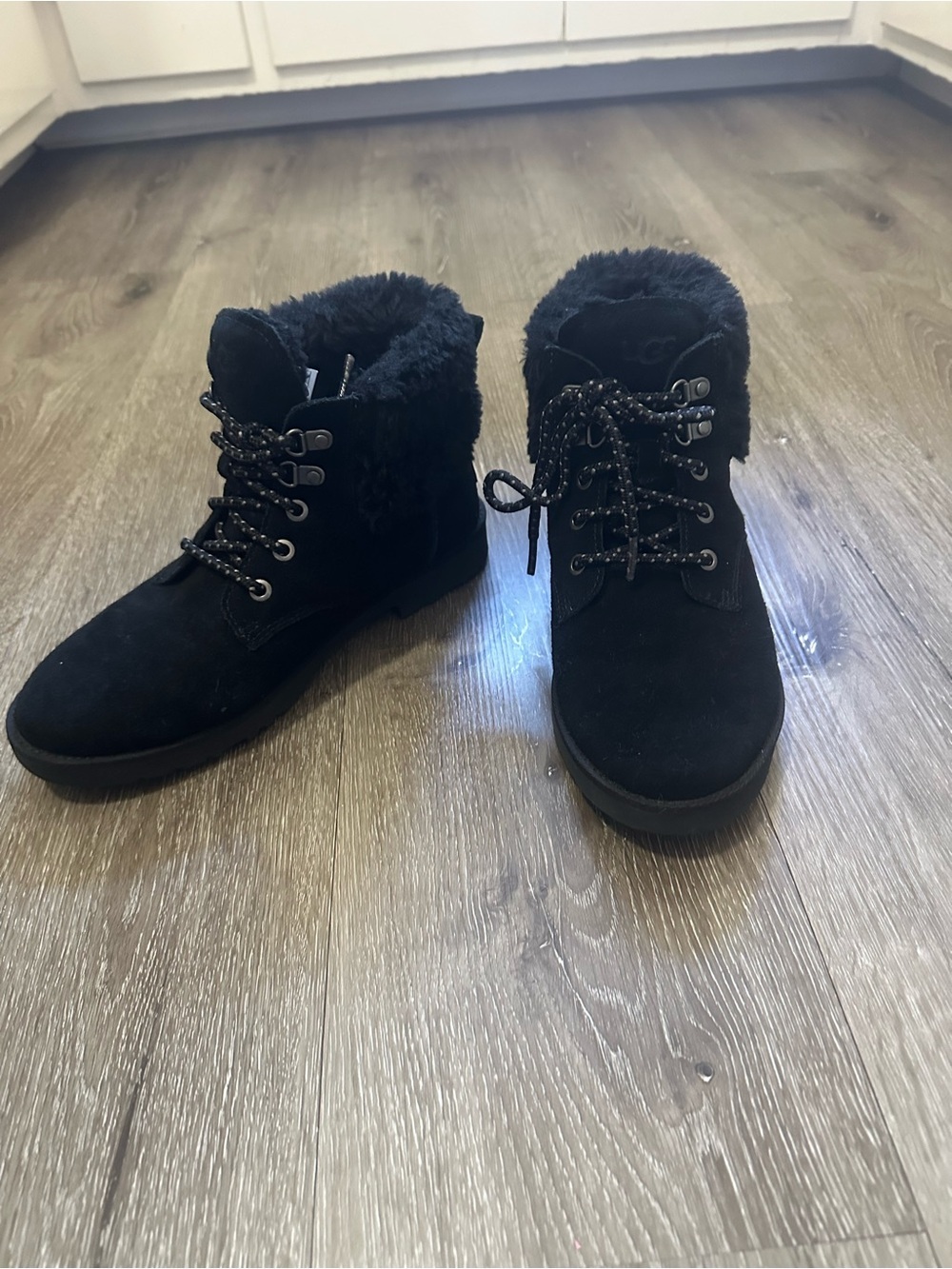 UGG Black Suede Lace-Up Fur Collar Boots
